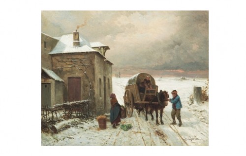 Vinterlandskap Med Figurer Och Vagn by Louis LASSALLE - auction artwork with signature