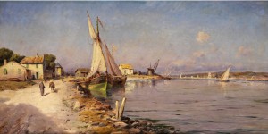 Südliche Hafenbucht Mit Anliegenden Segelbooten, Bäuerlichen Ufergebäuden Sowie Figurenstaffage by Josef LANGL