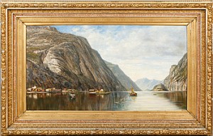 Fjord Med Fiskeläge Och Båtar by Johannes Von DITTEN