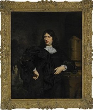 Porträtt Av En Gentleman Iklädd En Svart Päls Med Vit Krage Och Svart Mantel - Stående Knästycke Lutad Mot En Kolonn I Ett Klassicerande Landskap by Nicolaes MAES