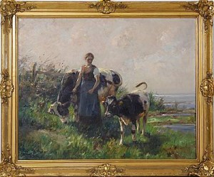 Piga Med Boskap På Bete by Johann Daniel HOLZ - auction artwork with signature