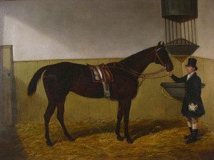 Thoroughbred In Stable With Groom by James LODER