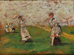 Damen In Langen Kleidern Mit Sonnenschirm In Wiesenlandschaft by Eugène Louis BOUDIN