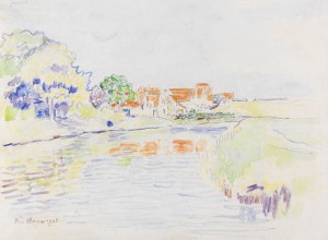 Kanal Zwischen Wäldchen Und Wiesen Vor Einem Dorf Mit Roten Dächern by Paul BAUM