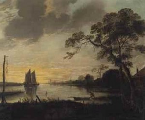 A River Landscape At Dusk With A Fisherman And A Rowing Boat, Sailing Boats Beyond by Aert Van Der NEER