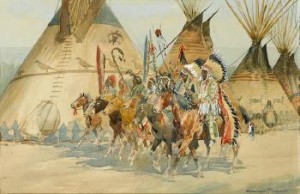 Indian Chiefs Carrying Ceremonial Standard, Riding Past Wigwams by John Edward BOREIN