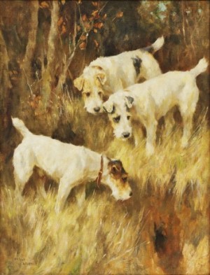 Fox Terriers At A Rabbit Hole by Arthur WARDLE