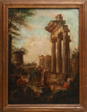 Gruppe Von Personen Vor Einer Tempelruine Bei Der Betrachtung Eines Reliefs by R. BARRETTA