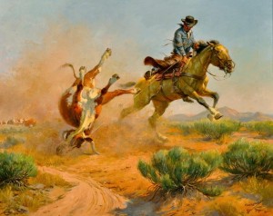 Depiction Of A Cowboy On Horseback Roping A Bull by Charlie DYE