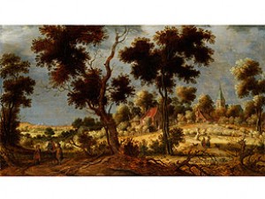 Hügellandschaft Mit Schattigen Bäumen Sowie Kirche Und Häuser Am Waldrand Mit Figurenstaffage In Nachgewittriger Lichtstimmung by David VINCKBOONS