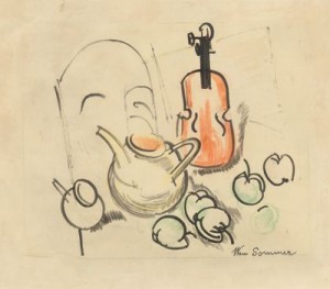 Still Life With Violin, Teapot And Apples by William SOMMER