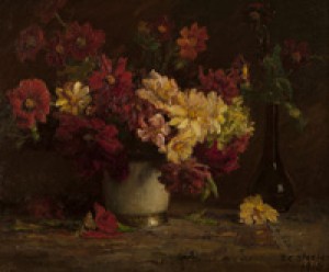 'dahlias'', Still Life With Flowers And Two Vases by Theodore Clement STEELE