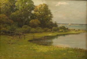 A Shoreline Landscape With Boats In The Distance by Eugene Alonzo POOLE