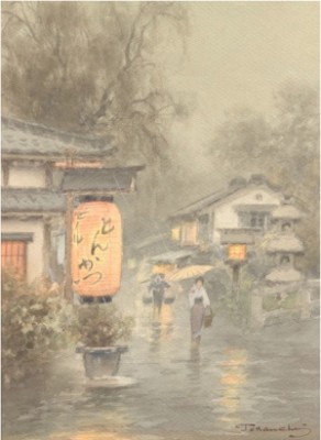 Depicting A Rainy Evening With Figures And Buildings, A Lantern Hangs In The Left Foreground. by Fukutaro TERAUCHI
