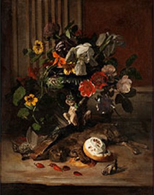 Blumenstilleben Mit Erlegten Wildhasen, Vögeln Und Einer Zitrone by David Emile Joseph De NOTER