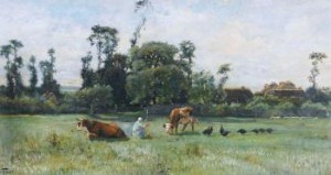 Weidelandschaft Mit Bäuerin, Kühen Und Hühnerschar by Victor Jean Baptiste BINET