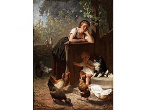 Genreszene Mit Kleinem Kind Beim Hühnerfüttern by Carl The Younger ROHDE - auction artwork with signature