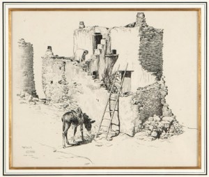 Figure Outside A Walpi Pueblo With Donkey by Joseph Jacinto MORA