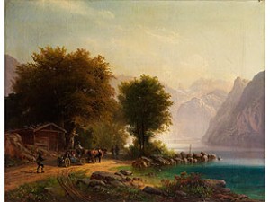 Alpenlandschaft Mit Bergsee Und Figurenstaffage by Anton DOLL
