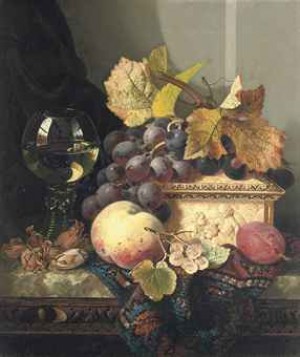 Black Grapes, A Peach, A Plum, White Currants, Hazelnuts, A Roemer And An Ivory Casket On A Carpet On A Marble Ledge by Edward LADELL