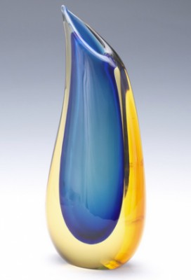 Tall Free-form Cased Glass Vase With Cobalt Blue Interior, Honey Color Outer by Luigi ONESTO