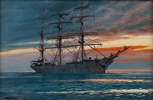 A Sailing Ship In The Sunset by Adolf BOCK