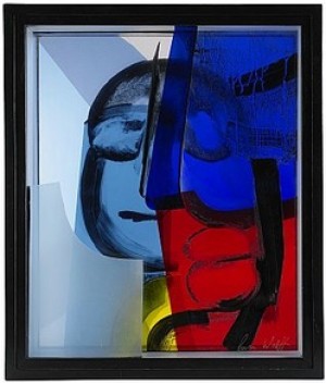 Glascollage, 1991, Polykromt Bemålade Glasskivor Med Dekor Av Ansikte Monterade I Träram by Ann WOLFF