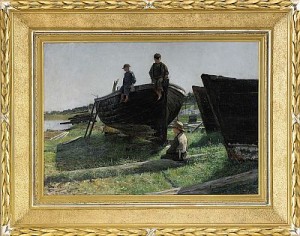 Vårdag Vid Slipen - Mor Med Söner Vid Fiskebåt by Gottfrid KALLSTENIUS