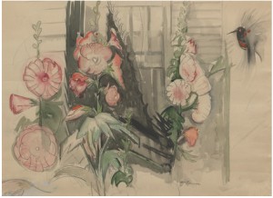 Hummingbird And Hollyhocks, Berlin Heights by William SOMMER