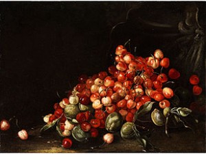 Stilleben Mit Hellroten Kirschen Und Grünen Pflaumen by Bartolomeo BIMBI - auction artwork with signature