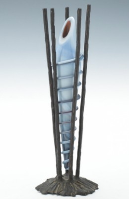 Cocoon Series Studio Art Glass Sculpture. Cased Blown Glass With Applied Spiral And Forged Iron by Steve TOBIN