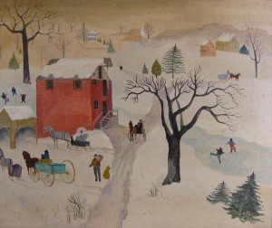 Folk Art Winter Townscape by Jeanne DAVIES - auction artwork with signature