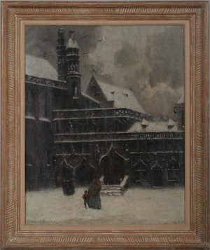 Winter Scene With A Mother And Child Outside Of A Church by Julien CELOS