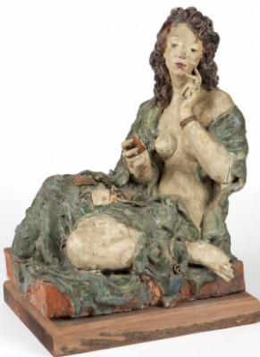 Seated Draped Figure Playing Cards, Polychromed Glazed Terracotta On Wooden Base by Susi SINGER-SCHINNERL