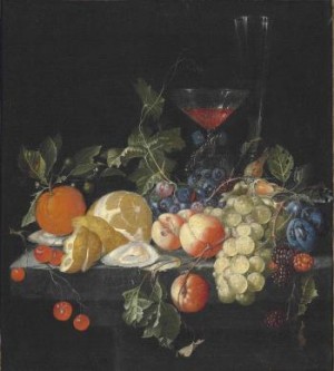 Grapes, Oysters, A Partially Peeled Lemon, Peaches, And Other Fruit, With A Façon De Venise Glass Of Wine And Another Glass On A Stone Ledge by Cornelis Jansz De HEEM