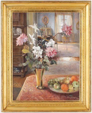 Interiör Med Bland Annat Blomster Och Fruktfat På Bord by Alfred NILSON