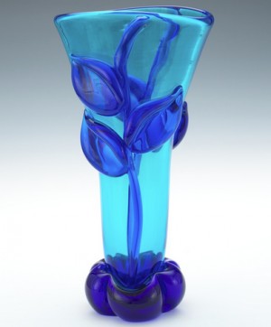 Very Large And Heavy Cobalt/marine Blue Sculptural Blown Glass Vase With Applied Leaves And Bulbous Furrowed Base by Tommie RUSH
