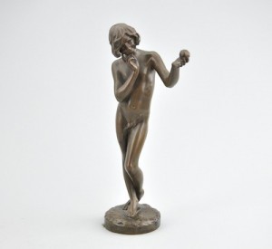 Bronze With Brown Patina Of A Young Man Considering An Apple, Possibly Adam by Aime Jules DALOU