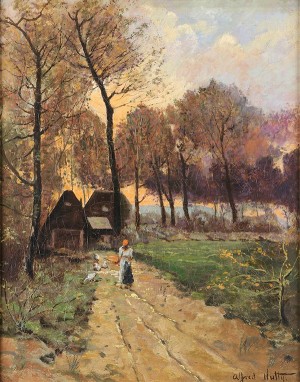 Farm Scene At Sunset With Figure by Alfred Heber HUTTY
