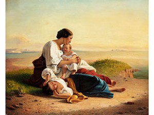 Junge Italienerin Mit Zwei Schlafenden Kindern An Küste by August Heinrich RIEDEL