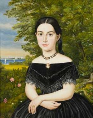 Portrait Of A Dark Haired Girl Sitting Outdoors In A Garden With The Sea In The Distance With Sailboats by Lambert SACHS