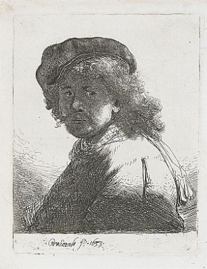 Self Portrait In A Cap And Scarf With The Face Dark by Rembrandt Harmenszoon Van RIJN