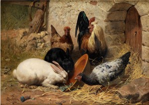 Hasen Und Hühner Im Heu by Albert BECKER - auction artwork with signature