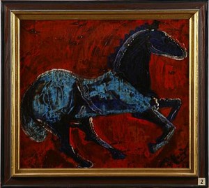El Cavall Blau Sobre Fons Roig by Amadeo PALLARES LLEO - auction artwork with signature
