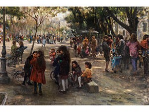 Sonnendurchfluteter Park Mit Flanierenden Personen Und Kindern Im Vordergrund by Ugo De CESARE
