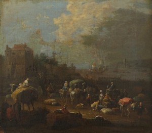 Figures In Orientalist Costume At Seaport, With Cargo, Horses And Camels, Several Figures In Foreground by Jean Baptiste Van Der MEIREN