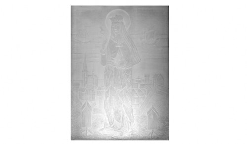 Orrefors Glasbruk. Glasrelief, Blästrad Dekor Föreställande Sankta Apollonia, I Bakgrunden Stadsmotiv by Edward HALD