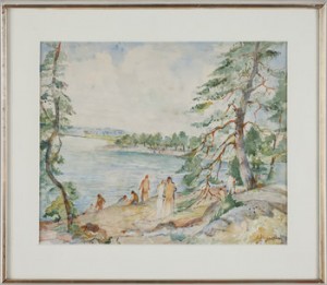 Sommarmotiv Med Badande Vid Klippor by Bernhard HERGARDEN - auction artwork with signature