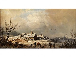 Winterlandschaft Mit Verschneiten Häusern Und Mehreren Figuren Auf Dem Eis by August SEIDEL