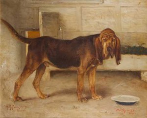 Portrait Of A Blood Hound With His Dish by Henry Rankin POORE - auction artwork with signature
